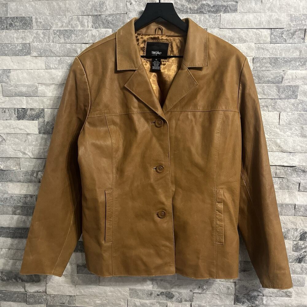 2000's Retro Mossimo Size XL Leather Brown Button Genuine Leather Jacket Blazer